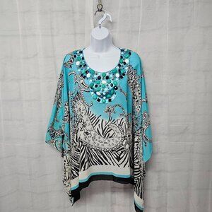 Soft Surroundings Blouse Blue Black Beaded Zebra Paisley Peasant Boho OSFA
